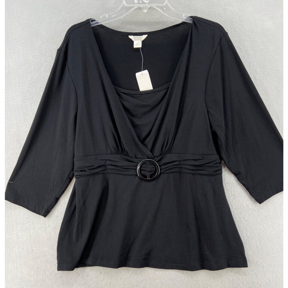 NWT Christopher & Banks Shirt Womens Sz XL Peplum Black 3/4 Sleeve Belt 90's